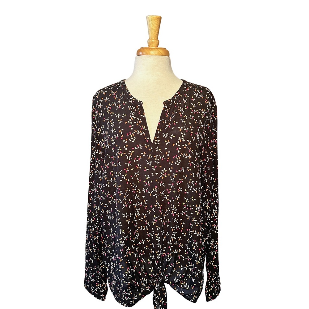 J. Jill Black Floral Tie Front V-Neck Blouse Long Sleeve Women's Size XL